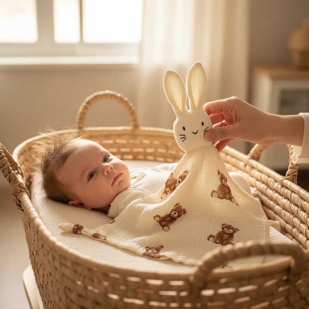 Doudou lapin en gaze de coton motif oursons pose par une maman aupres de son bebe dans un couffin