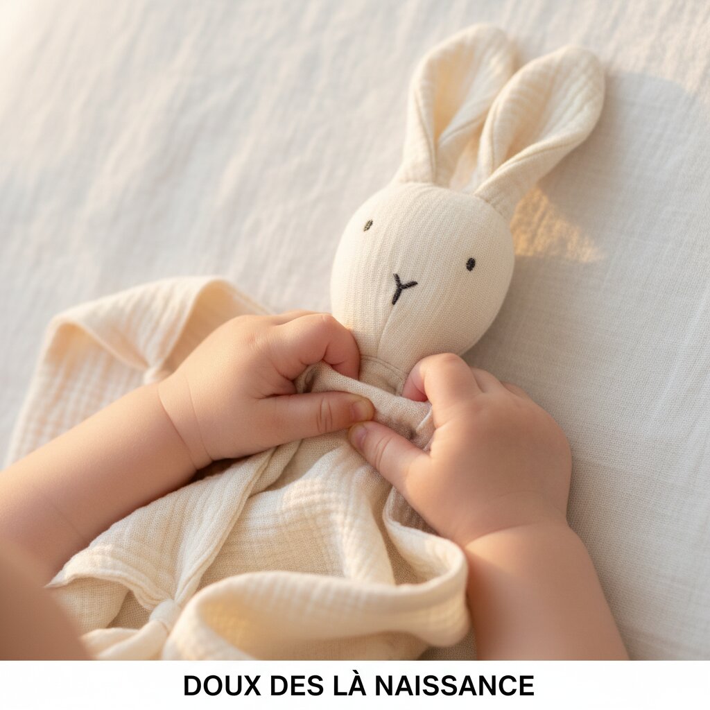 Gros plan des mains d'un bebe agrippant le doudou lapin en gaze de coton blanc doux - Choupinoo