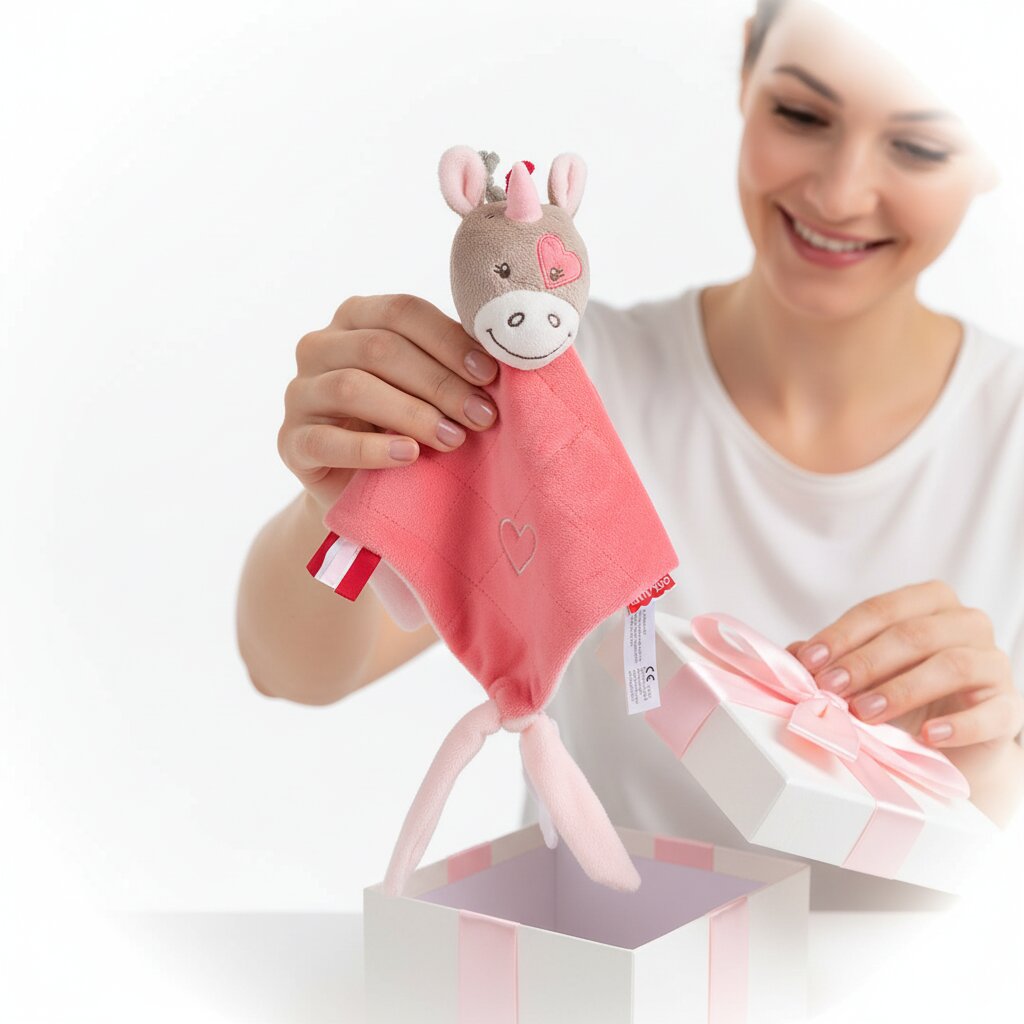 Doudou licorne rose deballage cadeau naissance maman joie