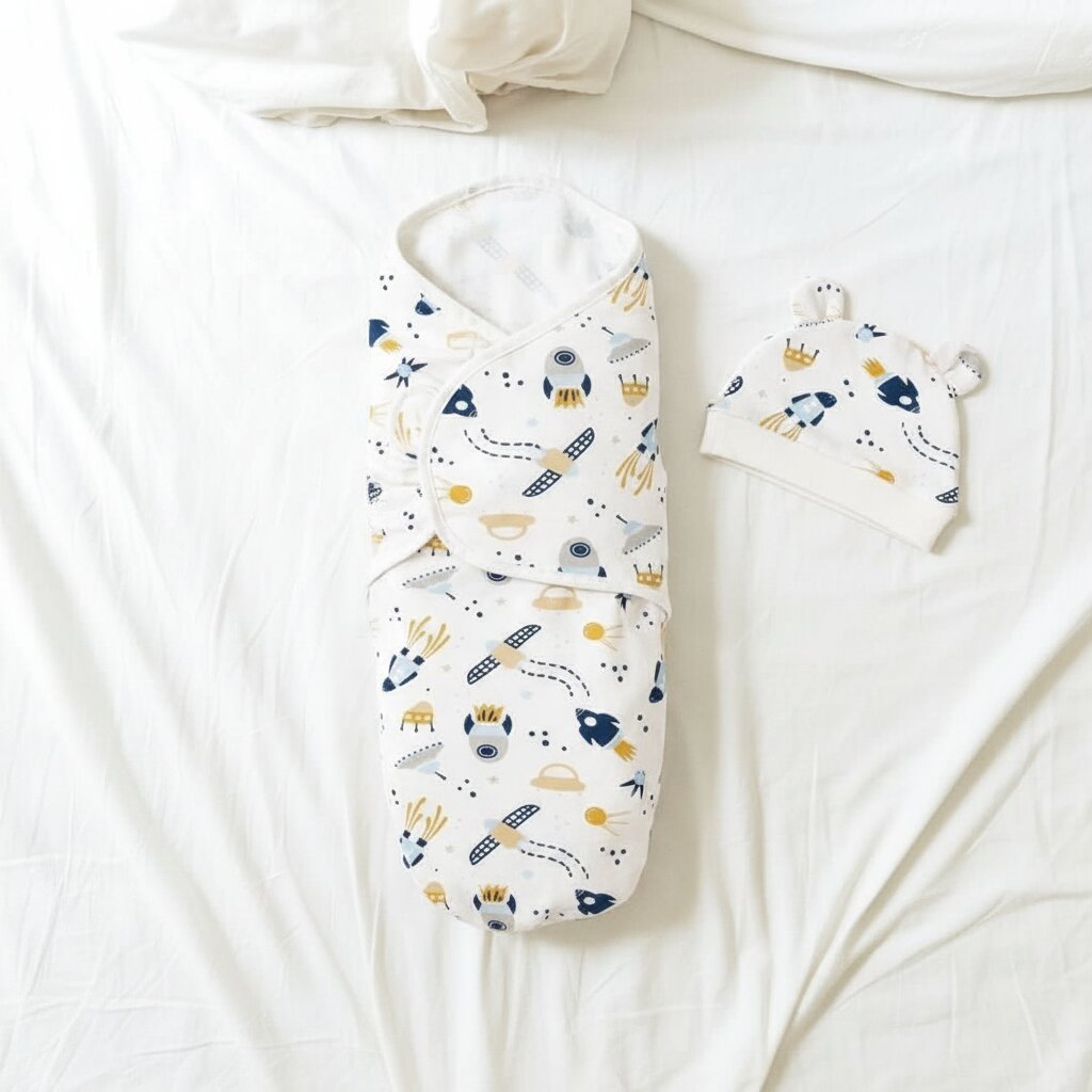 Ensemble emmaillotage bébé motif Espace avec bonnet assorti – vue à plat couverture coton Choupinoo