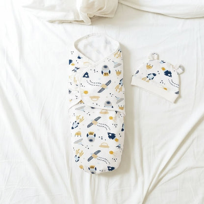 Ensemble emmaillotage bébé motif Espace avec bonnet assorti – vue à plat couverture coton Choupinoo