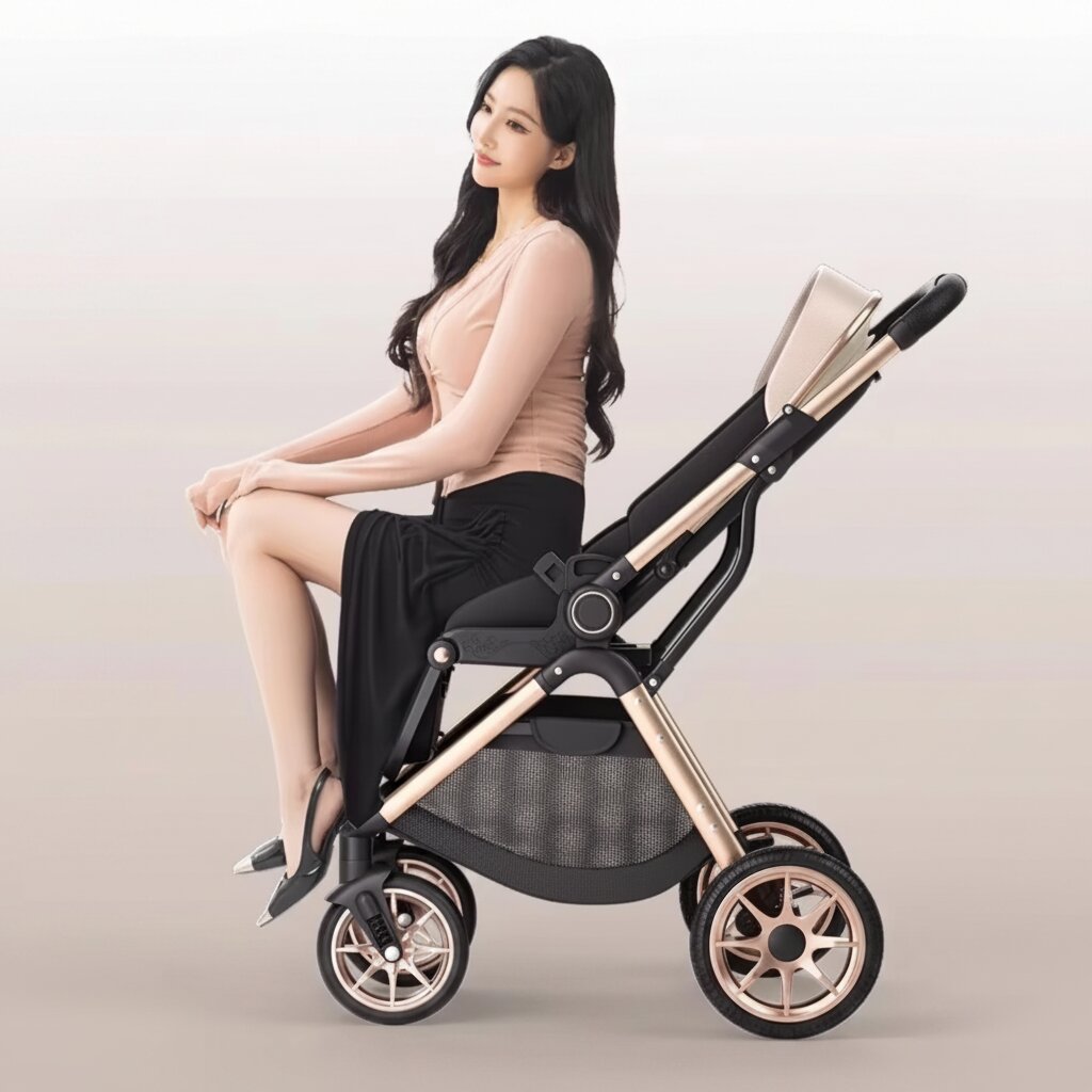 Femme elegante assise sur une poussette bebe haute chassis champagne dore, grandes roues pneumatiques, fond studio - Choupinoo