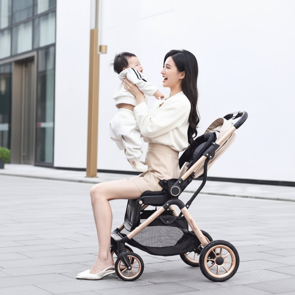 Femme elegante assise sur une poussette bebe haute chassis champagne dore, grandes roues pneumatiques, fond studio - Choupinoo