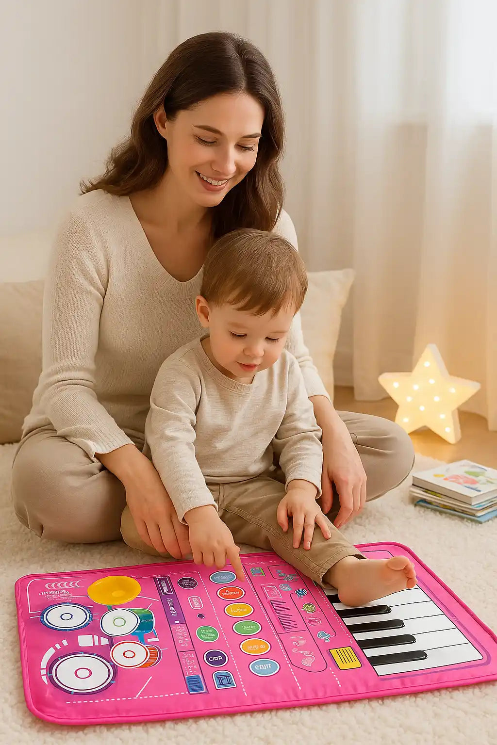 Maman et enfant partageant un moment de complicité sur un tapis piano enfant rose