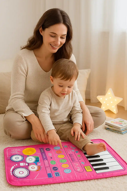 Maman et enfant partageant un moment de complicité sur un tapis piano enfant rose