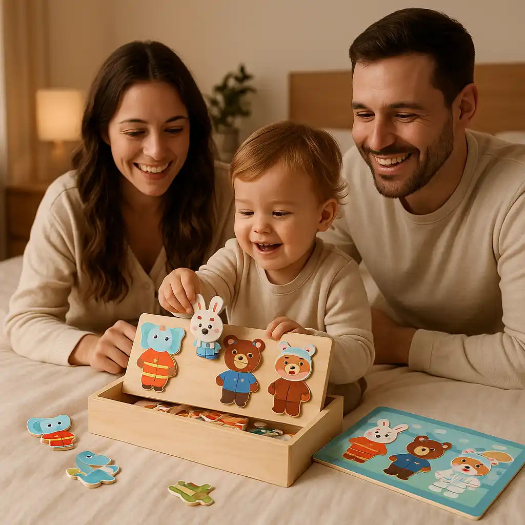 Puzzle en bois pour enfant 2-3 ans, activité sensorielle avec maman et papa