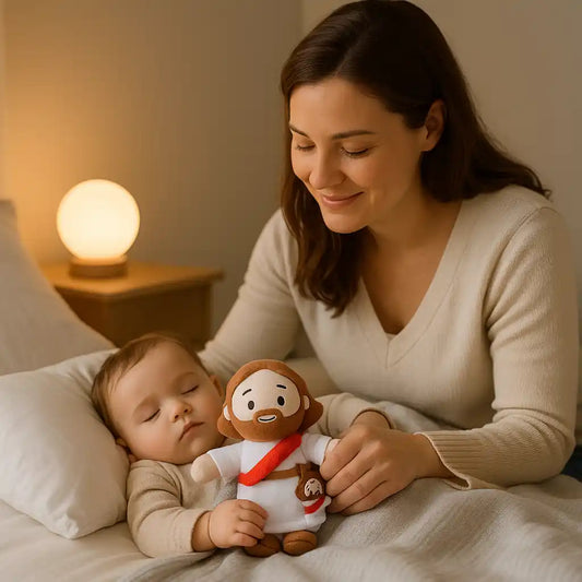 Maman bordant son enfant tenant la peluche réconfortante Jésus de Nazareth dans sa chambre