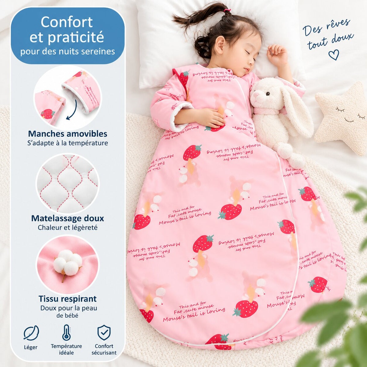 Gigoteuse bébé rose à motif fraises avec manches amovibles, matelassage doux et tissu respirant - Choupinoo