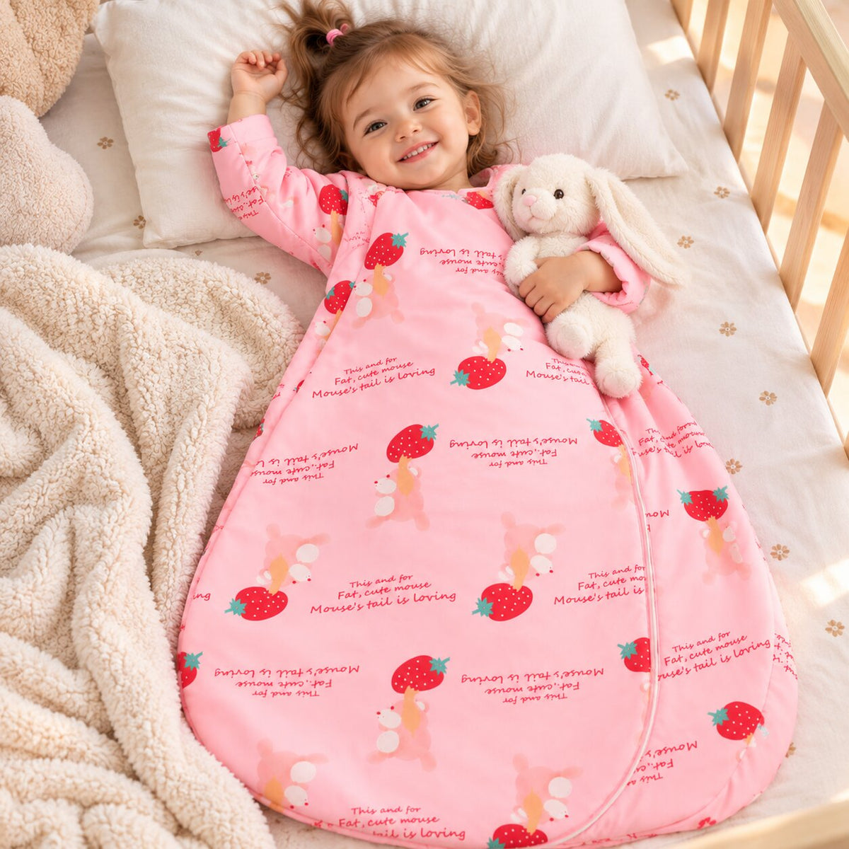 Enfant dans une gigoteuse bébé rose à motifs fraises avec son doudou dans un univers Choupinoo chaleureux