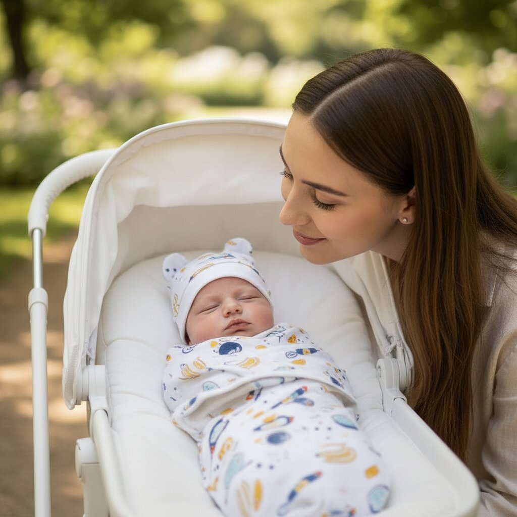Gros plan nouveau-né paisible emmailloté en poussette, maman penchée tendrement vers son bébé, promenade en plein air

