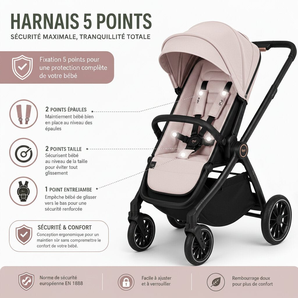 Infographie harnais 5 points poussette 2 en 1 rose pale - Choupinoo