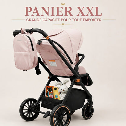 Infographie panier XXL poussette 2 en 1 rose pale avec accessoires - Choupinoo