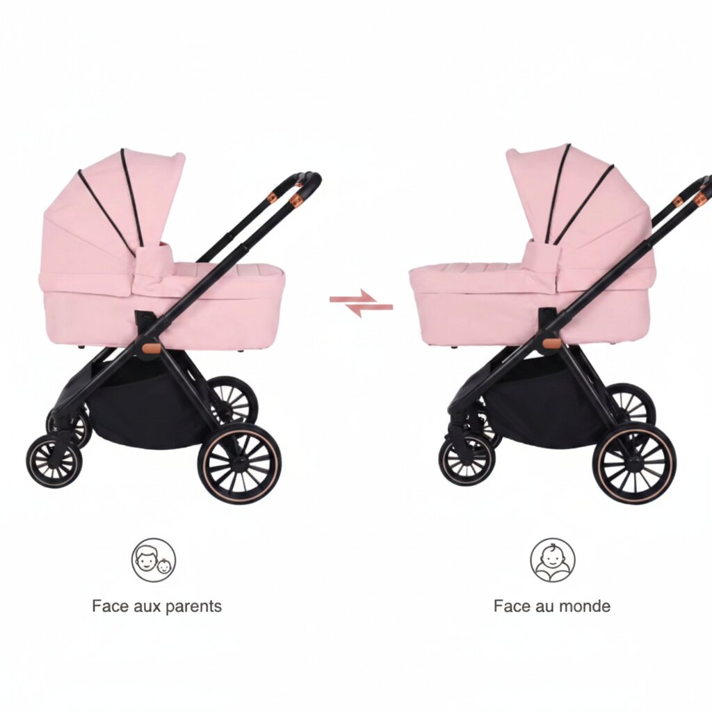 Infographie reversibilite nacelle poussette rose face parents et face monde - Choupinoo