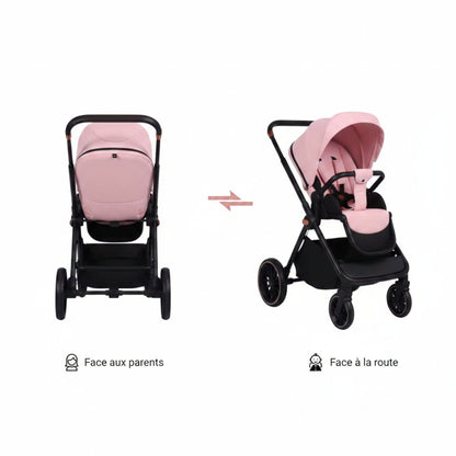 Infographie reversibilite assise poussette rose face parents et face route - Choupinoo