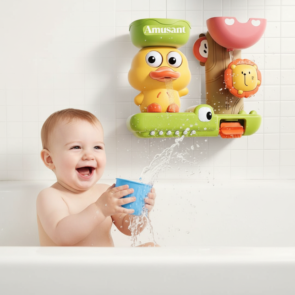 Jeu de Bain Bébé Moulin à Eau 4 Animaux – Ventouse Baignoire, Rotation Magique