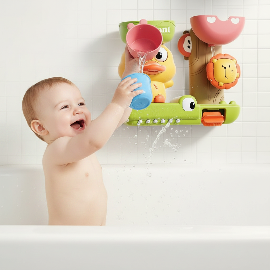 Jeu de Bain Bébé Moulin à Eau 4 Animaux – Ventouse Baignoire, Rotation Magique