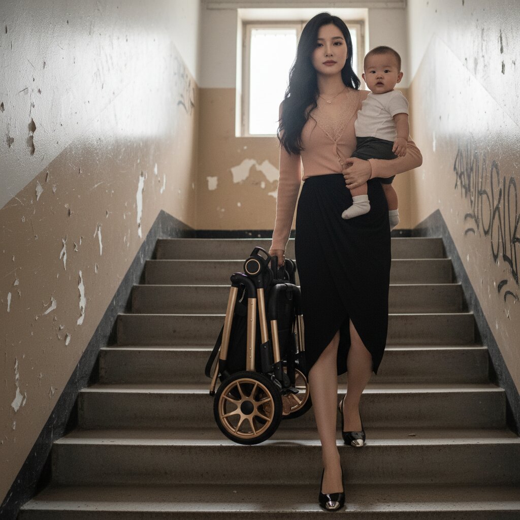Maman tenant son bebe dans les bras dans un escalier, poussette pliee chassis dore a cote - Choupinoo