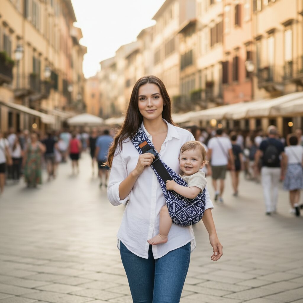bébé porté dans un porte-bébé sling bleu aztèque