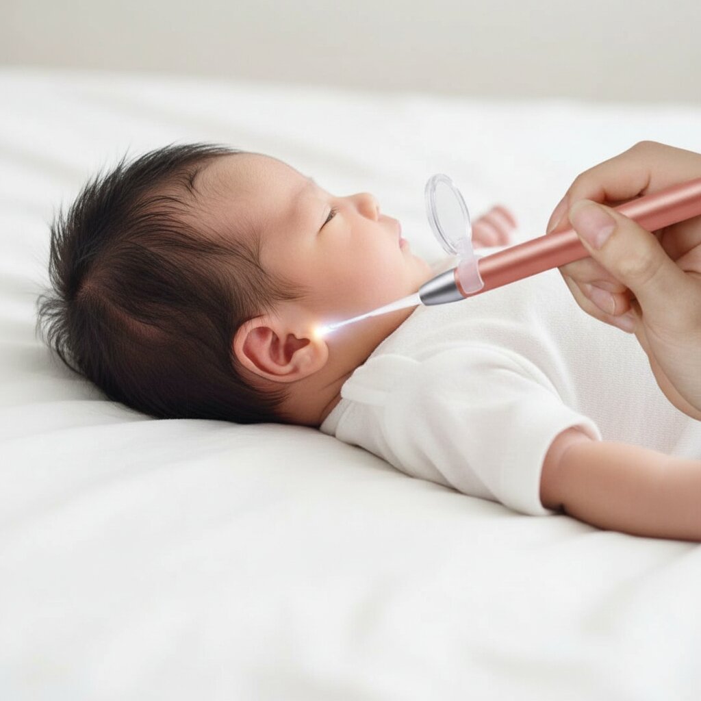 Maman utilisant un cure oreille LED avec loupe grossissante pour éclairer l'intérieur de l'oreille de son bébé allongé – Choupinoo