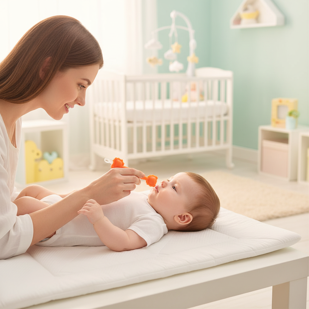 Routine soin bébé avec nettoyeur oreille et nez silicone orange 2-en-1 Choupinoo