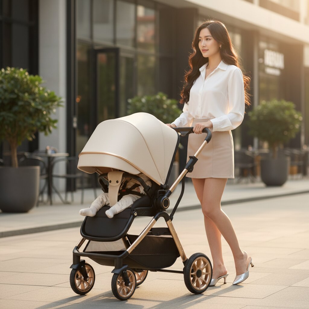 Maman qui pousse une poussette bebe vue trois quarts, capote creme relevee, decor urbain moderne - Choupinoo