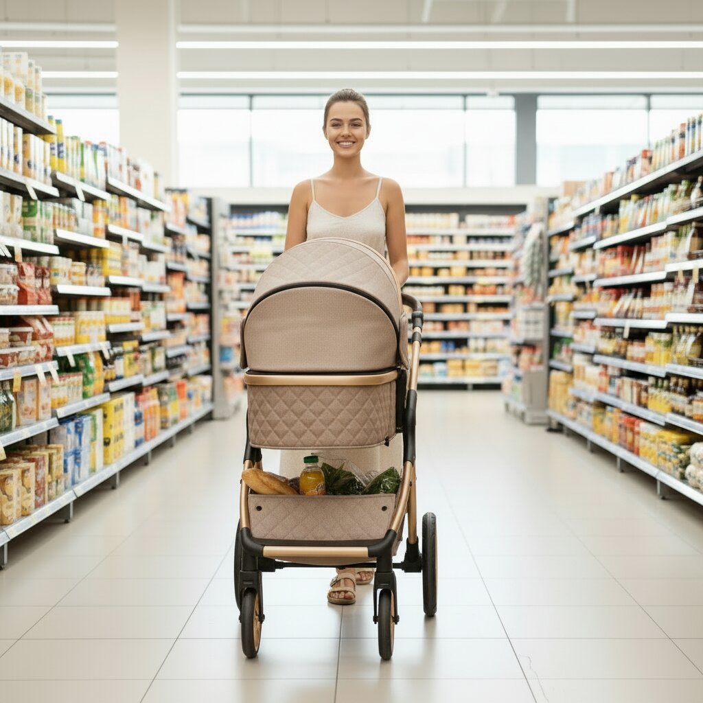 Maman souriante poussant une poussette 3 en 1 beige et or de face dans un supermarché lumineux, panier bas avec courses visibles - Choupinoo
