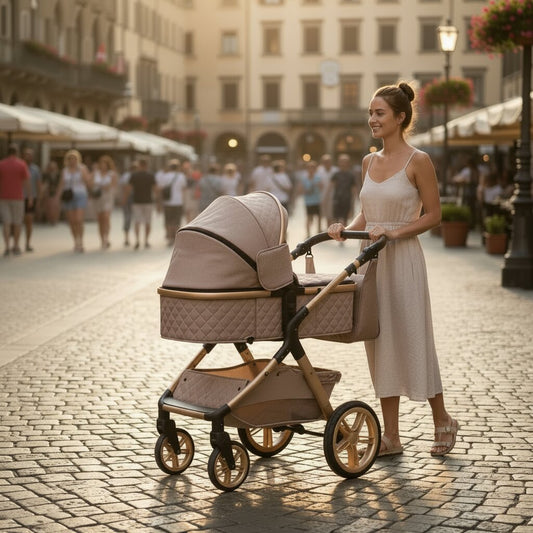 Maman promenant son bébé en poussette 3 en 1 beige et or sur une place pavée italienne animée en été, lumière dorée - Choupinoo