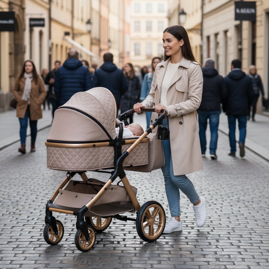 Maman souriante en trench beige promenant son bébé en poussette 3 en 1 beige et or dans une rue commerçante pavée animée - Choupinoo