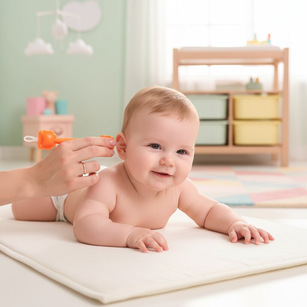 Maman utilisant le nettoyeur oreille et nez bébé silicone orange Choupinoo lors du soin quotidien