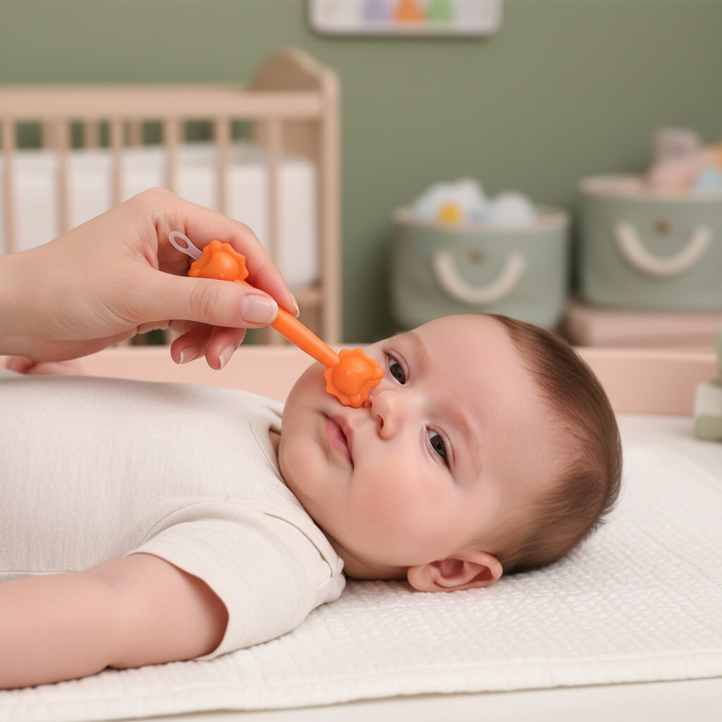 Maman utilisant le nettoyeur oreille et nez bébé silicone orange Choupinoo lors du soin quotidien