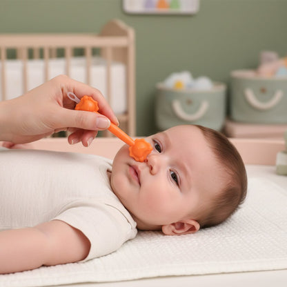 Maman utilisant le nettoyeur oreille et nez bébé silicone orange Choupinoo lors du soin quotidien