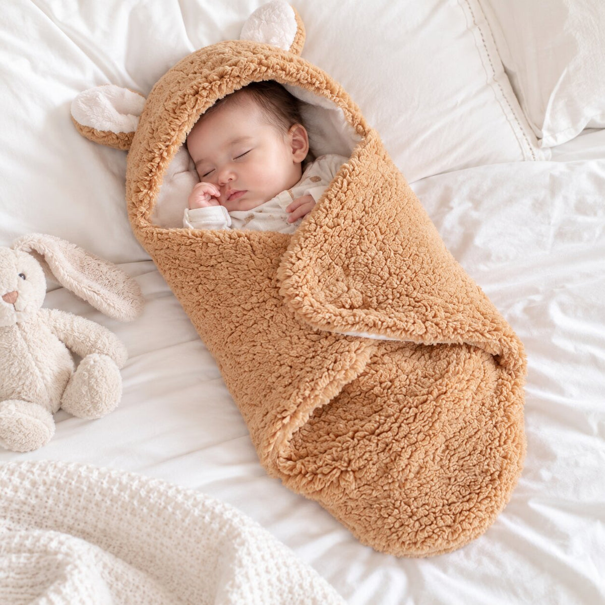 Nid d’ange bébé camel effet peluche avec capuche à oreilles, bébé endormi sur un lit avec un doudou - Choupinoo

