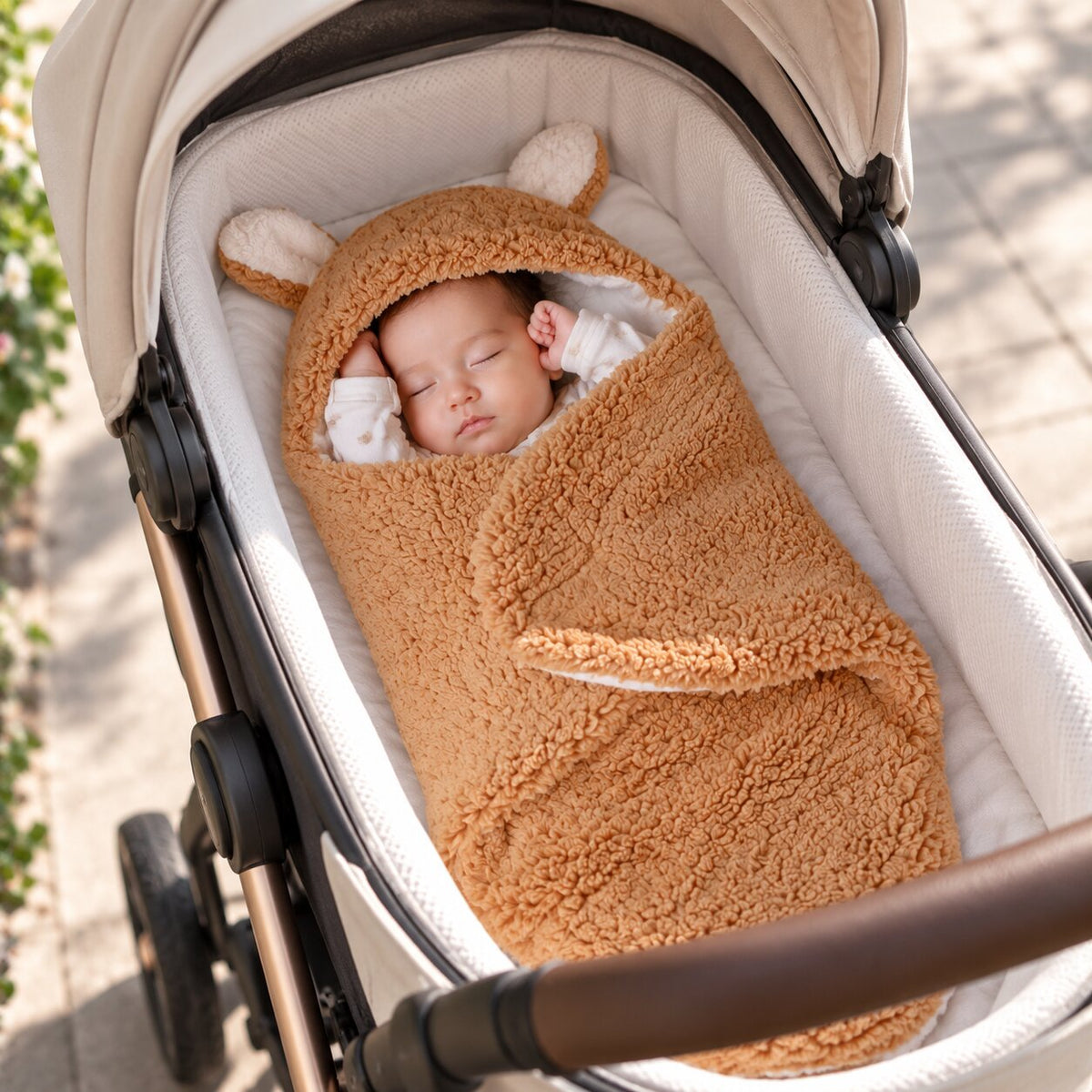 Nid d’ange bébé camel effet peluche avec capuche à oreilles, bébé endormi dans une poussette - Choupinoo