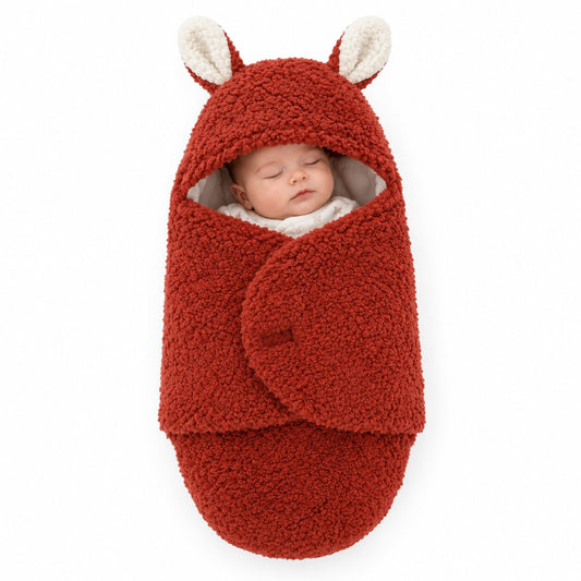 Nid d’ange bébé rouge brique effet peluche avec capuche à oreilles, bébé endormi - Choupinoo