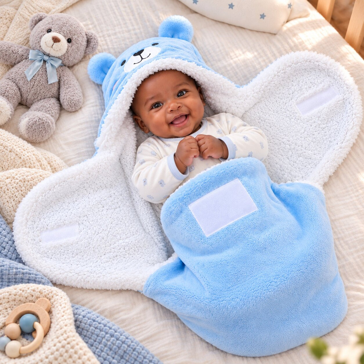 Bébé souriant installé dans un nid d’ange bleu Ourson avec doublure douce blanche Choupinoo