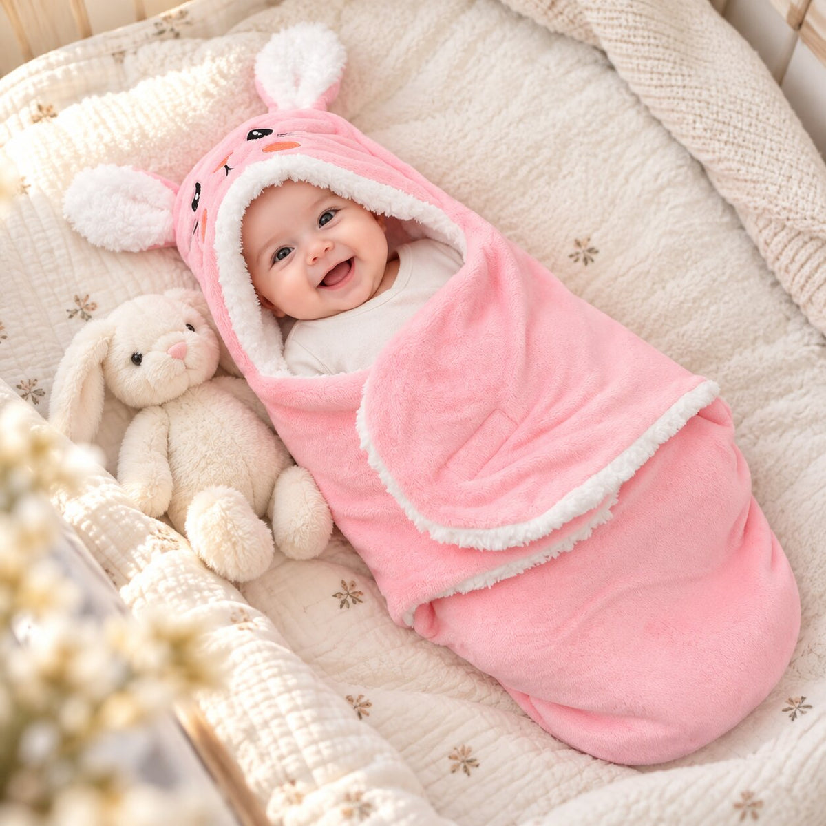 Bébé installé dans un nid d’ange rose lapin avec capuche et doublure douce