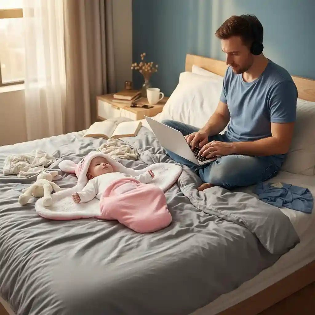 Nid d'ange cosy fille rose bébé allongé sur lit parental avec papa - Choupinoo