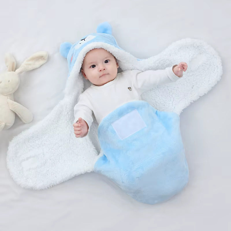 Nid d'ange cosy garçon bleu bébé allongé nid ouvert capuche ours doudou lapin - Choupinoo