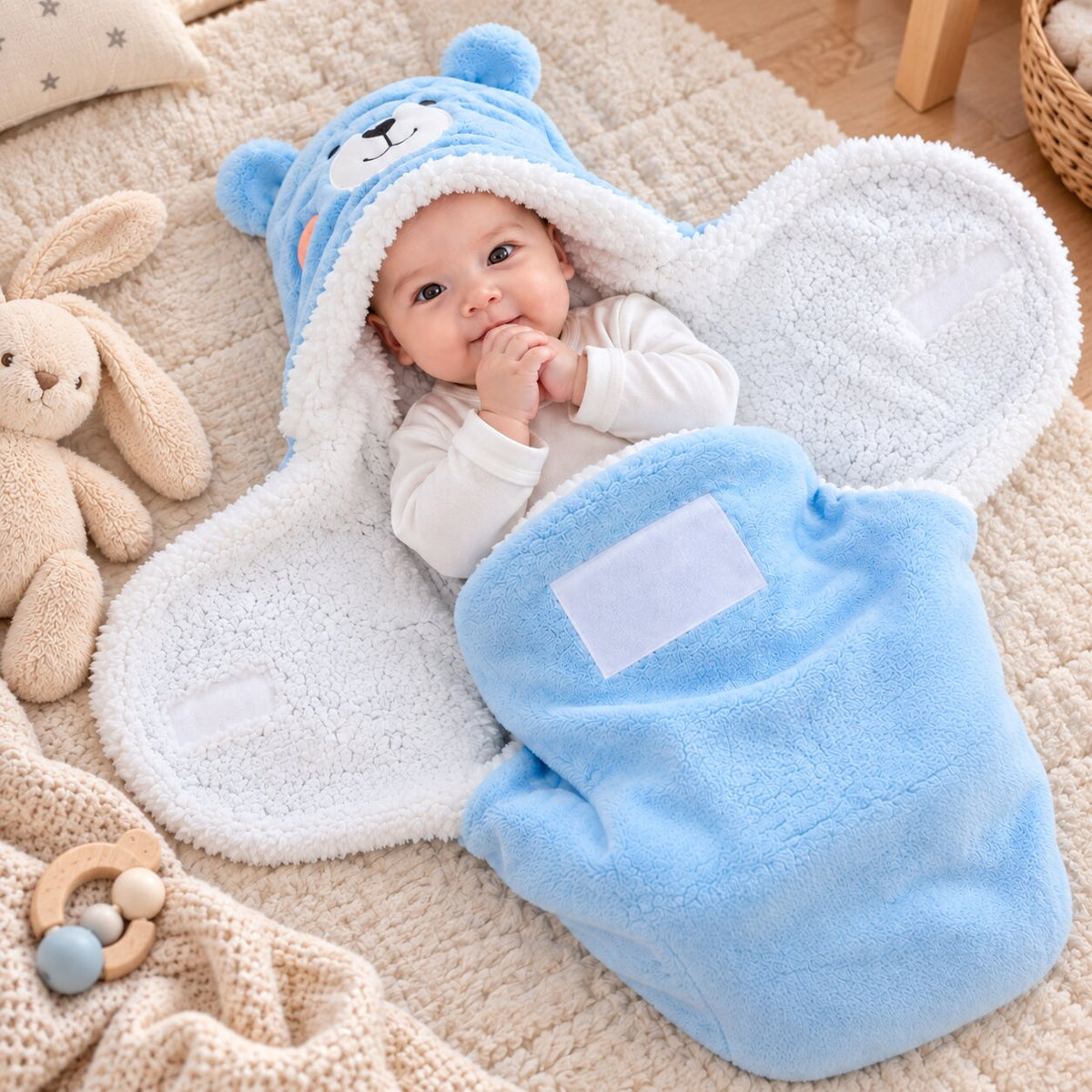 Bébé dans un nid d’ange Ourson bleu accompagné de son doudou ours gris dans un univers doux et naturel