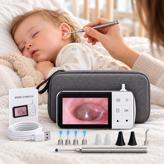 Otoscope numérique HD 4,5 pouces présenté avec bébé, caméra auriculaire et accessoires