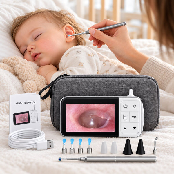 Otoscope numérique HD 4,5 pouces présenté avec bébé, caméra auriculaire et accessoires