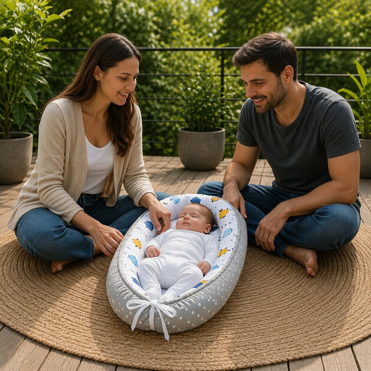 Parents admirant bebe endormi dans nid d'ange reducteur sur terrasse exterieure - Choupinoo