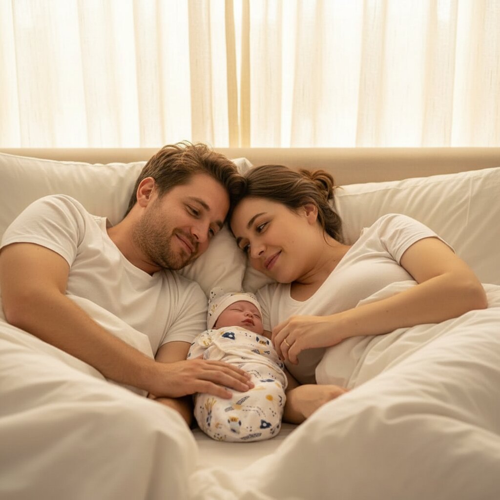 Parents souriants avec leur nouveau-né emmailloté motif Espace – ensemble emmaillotage bébé Choupinoo