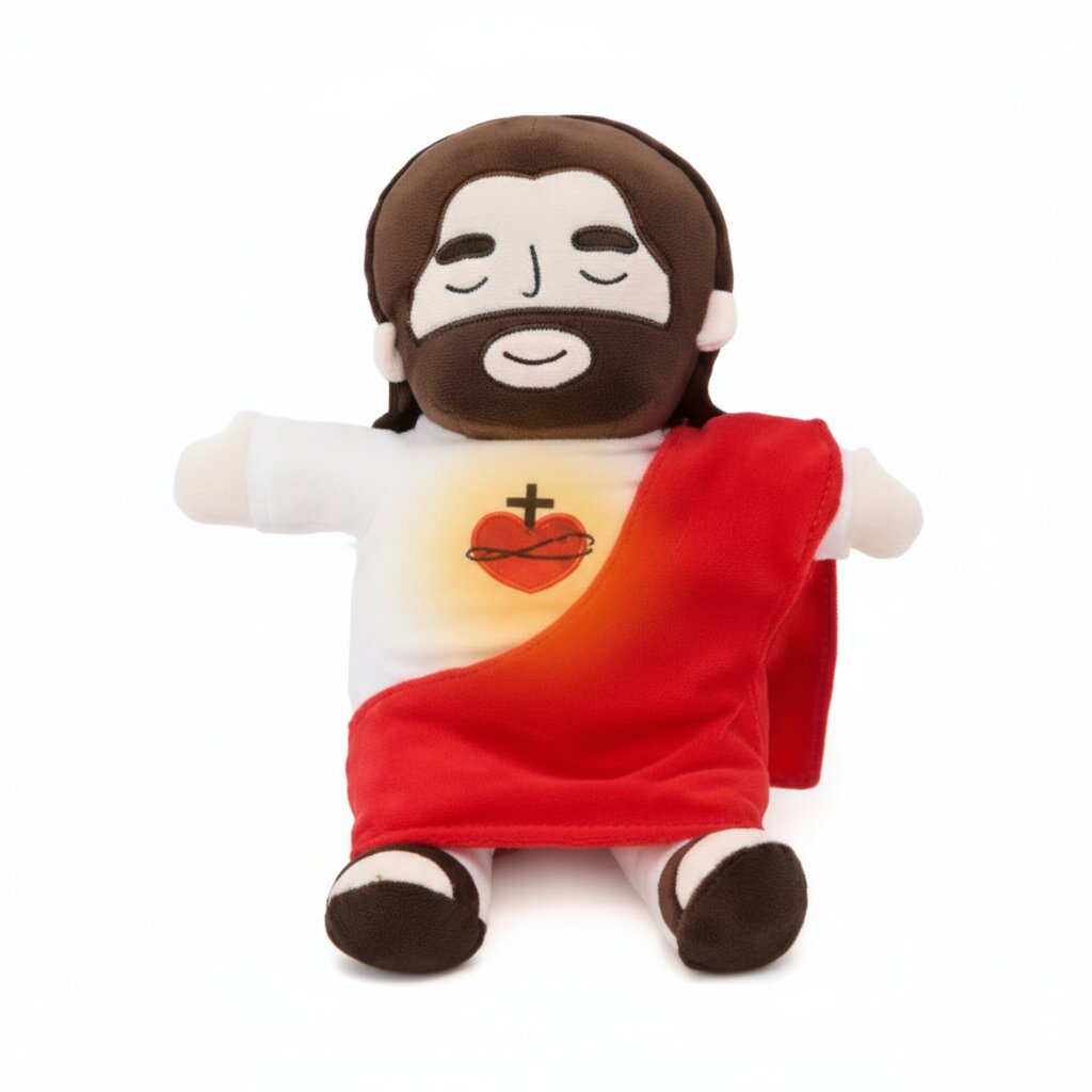 peluche Jésus qui respire avec veilleuse rouge sur fond blanc