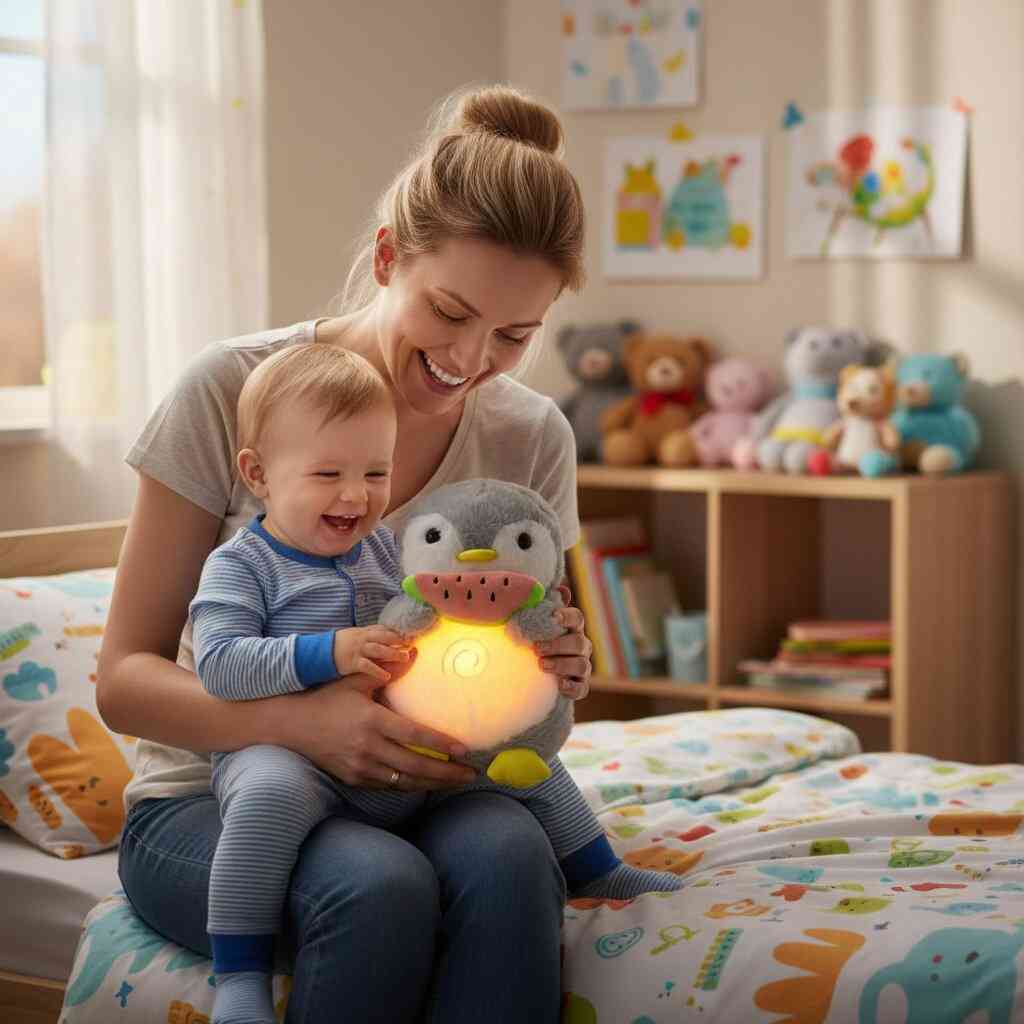 Peluche Pingouin Respirante avec Veilleuse & Berceuse - Choupinoo