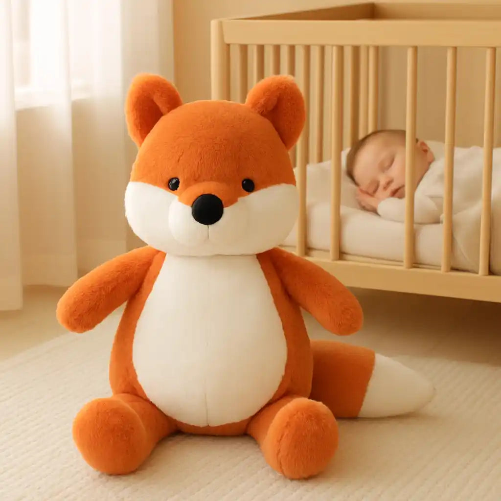 Bébé dormant avec peluche renard kawaii géante