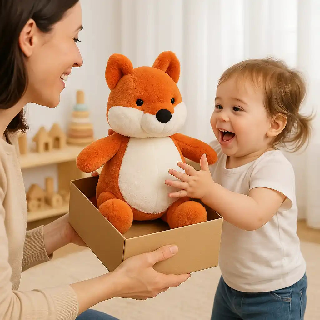 Petite fille recevant une peluche renard kawaii en cadeau