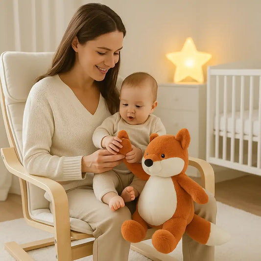 Maman et bébé jouant avec peluche renard kawaii