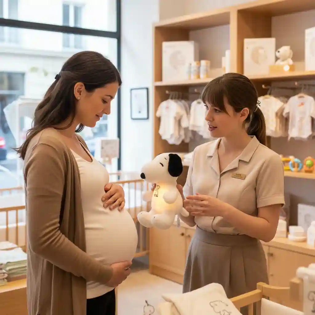 Future maman enceinte choisissant peluche Snoopy apaisante en boutique bébé - Cadeau naissance original