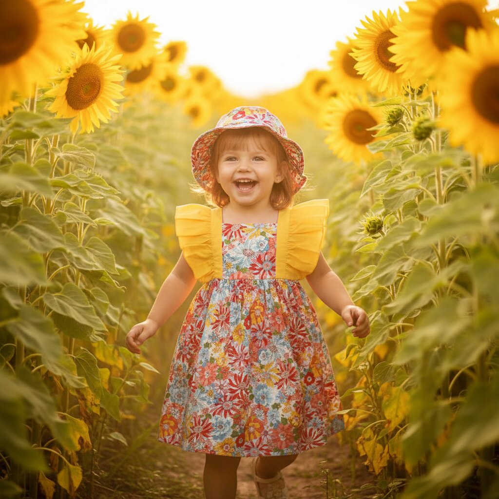 Robe petite fille jaune fleurie volants chapeau bob - petite fille champ tournesols été